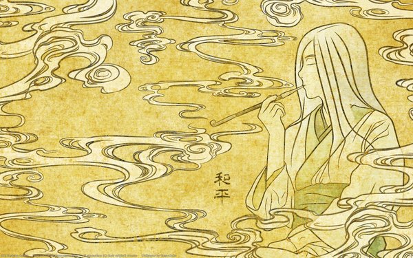 Anime picture 1920x1200 with mushishi tama-neko highres wide image wallpaper smoke vector smoking pipe kiseru nui