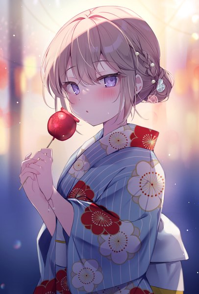 Anime picture 924x1365 with original beniko (ymdbnk) single tall image looking at viewer blush fringe short hair open mouth blonde hair purple eyes braid (braids) traditional clothes japanese clothes :o hair bun (hair buns) floral print girl hair ornament food