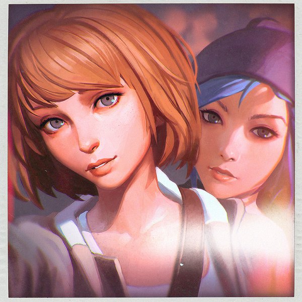 Anime picture 900x900 with life is strange chloe price max caulfield ilya kuvshinov looking at viewer fringe short hair brown hair multiple girls blue hair upper body parted lips head tilt lips realistic grey eyes light eyeshadow framed self shot