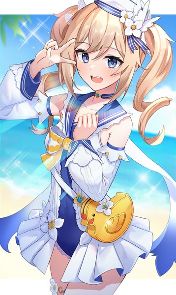 Anime picture 716x1200 with genshin impact barbara (genshin impact) barbara (summertime sparkle) (genshin impact) minn (kangjm1107) single long hair tall image looking at viewer blush fringe open mouth blue eyes blonde hair smile hair between eyes standing twintails payot sky cloud (clouds)