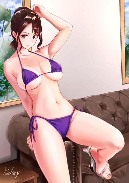 Anime picture 1200x1700 with original yuckey single tall image looking at viewer fringe short hair breasts light erotic brown hair large breasts sitting bare shoulders brown eyes signed payot full body bent knee (knees) indoors head tilt