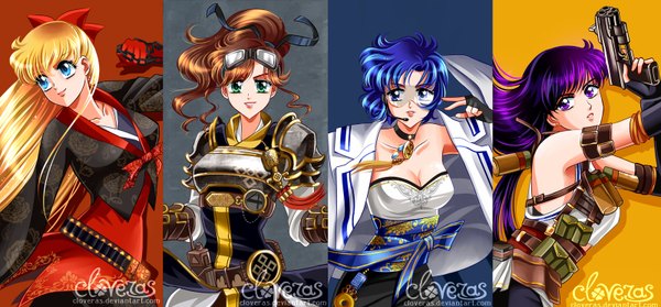 Anime picture 1600x746 with bishoujo senshi sailor moon toei animation aino minako kino makoto mizuno ami hino rei sailor venus sailor mars sailor mercury sailor jupiter cloveras long hair looking at viewer short hair blue eyes blonde hair simple background brown hair wide image purple eyes