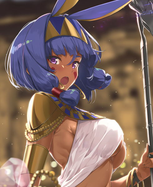 Anime picture 1800x2200 with fate (series) fate/grand order nitocris (fate) nanaku teiru single tall image looking at viewer blush fringe highres short hair breasts open mouth light erotic hair between eyes large breasts purple eyes holding animal ears blue hair