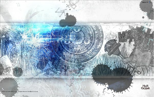 Anime picture 1261x795 with nier monochrome eyes logo knight boy plant (plants) animal sword book (books) staff shield