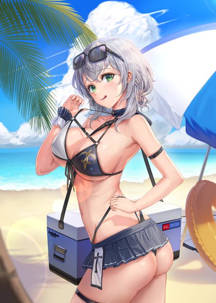 Anime picture 2921x4096 with virtual youtuber hololive shirogane noel cryturtle single tall image looking at viewer fringe highres short hair breasts light erotic large breasts standing green eyes payot sky silver hair cloud (clouds) outdoors