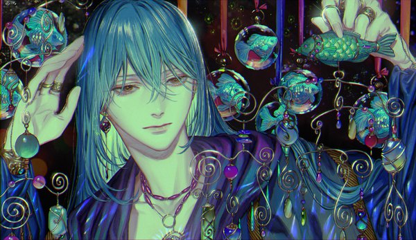 Anime picture 1700x982 with original haikara touhi single long hair fringe hair between eyes wide image brown eyes payot blue hair looking away upper body multicolored hair arms up two-tone hair colored inner hair boy animal jewelry ring