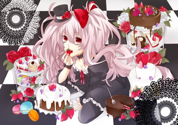 Anime picture 2541x1799 with original aonoe single long hair highres red eyes pink hair eating checkered floor girl dress bow hair bow hat heart sweets cake mini hat mini top hat top hat