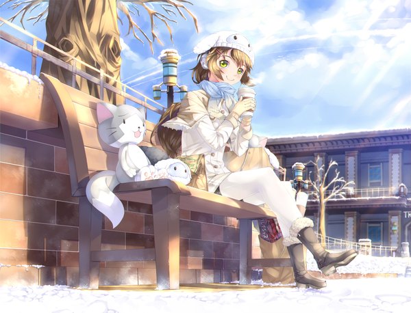 Anime picture 2000x1529 with eiyuu densetsu falcom (studio) kyokogasa single long hair looking at viewer blush fringe highres smile brown hair sitting holding green eyes payot sky cloud (clouds) sunlight winter snow