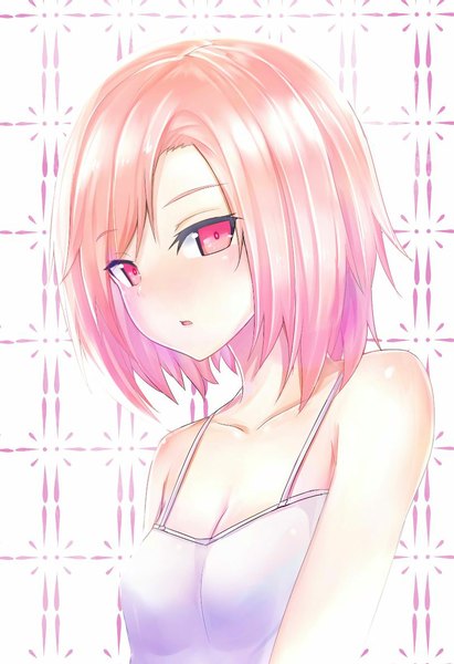 Anime picture 813x1186 with xiaodi single tall image looking at viewer blush fringe short hair breasts open mouth bare shoulders pink hair cleavage pink eyes embarrassed close-up girl