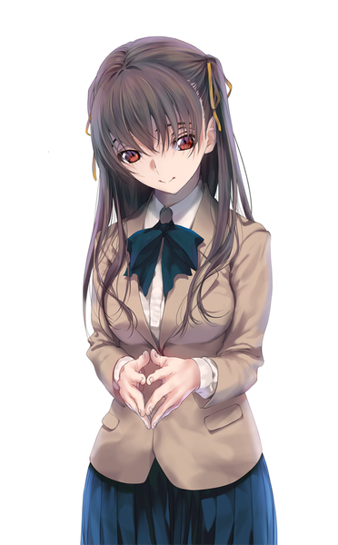 Anime picture 700x1129 with original zen99 single long hair tall image looking at viewer simple background red eyes brown hair white background twintails fingers together girl skirt uniform hair ornament ribbon (ribbons) hair ribbon school uniform jacket