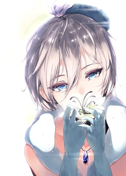 Anime picture 3189x4465 with idolmaster idolmaster cinderella girls anastasia (idolmaster) hplay (kyoshinou) single tall image looking at viewer fringe highres short hair blue eyes simple background hair between eyes white background absurdres silver hair head tilt covered mouth pure white memories girl