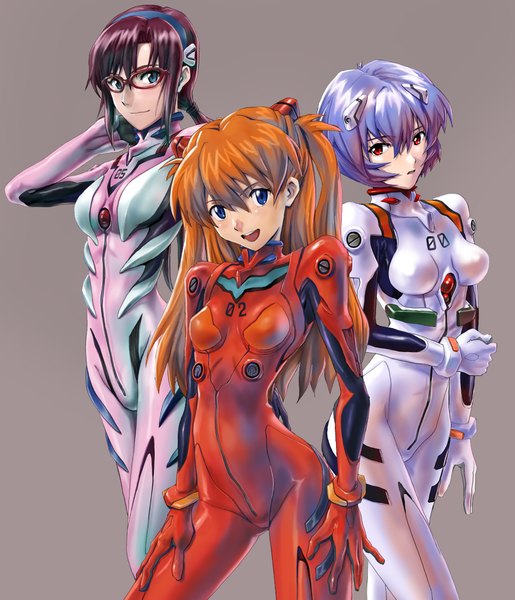 Anime picture 1772x2062 with neon genesis evangelion gainax soryu asuka langley ayanami rei makinami mari illustrious matsumoto eight long hair tall image looking at viewer fringe highres short hair breasts open mouth blue eyes simple background smile hair between eyes red eyes brown hair