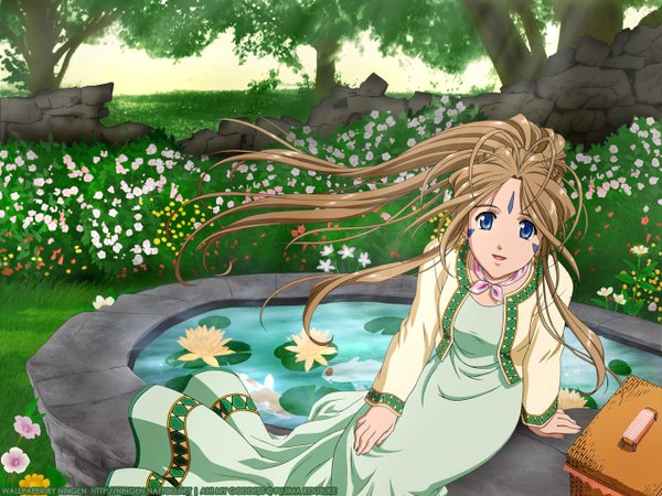 Anime picture 1280x960 with aa megami-sama anime international company belldandy ningen (nattoli) kusakabe chizuko single long hair looking at viewer open mouth blue eyes smile brown hair sitting signed ponytail long sleeves from above wind wallpaper facial mark