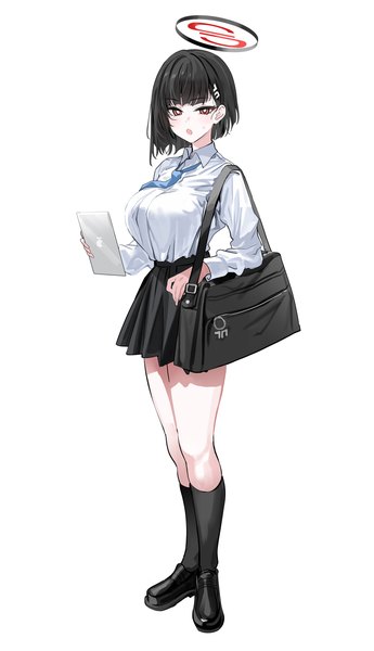 Anime picture 1802x3133 with blue archive rio (blue archive) yuki (asayuki101) single tall image looking at viewer fringe highres short hair breasts open mouth black hair simple background red eyes standing white background holding full body blunt bangs long sleeves
