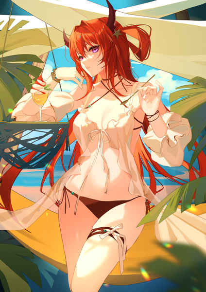 Anime picture 1511x2137 with arknights surtr (arknights) surtr (colorful wonderland) (arknights) kernel killer single long hair tall image looking at viewer fringe breasts light erotic hair between eyes standing purple eyes holding sky cleavage cloud (clouds) outdoors red hair