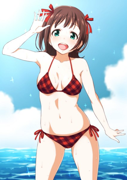 Anime picture 708x1000 with idolmaster amami haruka shouji nigou single tall image looking at viewer blush fringe short hair breasts open mouth light erotic brown hair green eyes sky cloud (clouds) wet girl ribbon (ribbons) swimsuit
