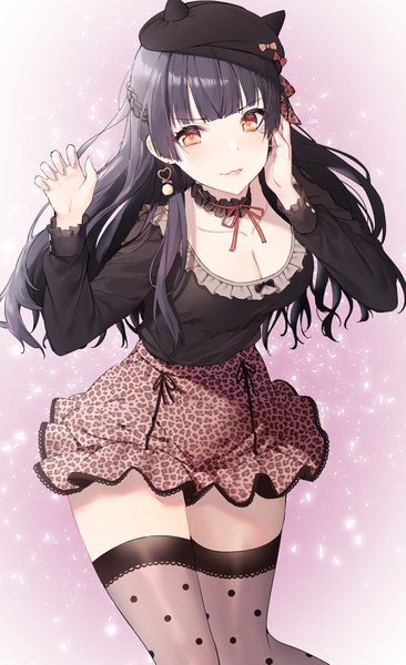 Anime picture 2407x3946 with idolmaster idolmaster shiny colors mayuzumi fuyuko arjent single long hair tall image looking at viewer blush fringe highres breasts black hair simple background smile standing brown eyes cleavage blunt bangs braid (braids)