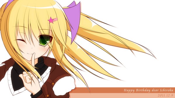 Anime picture 1920x1079 with original sena (ichiroku) syroh single highres short hair blonde hair wide image green eyes one eye closed wink finger to mouth borrowed character girl hair ornament hairclip star hair ornament