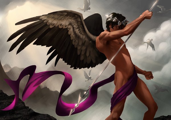 Аниме картинка 1200x847 с luna133 короткие волосы лёгкая эротика чёрные волосы облако (облака) реалистичный гора (горы) чёрные крылья ангел мужчина оружие крылья копьё венок
