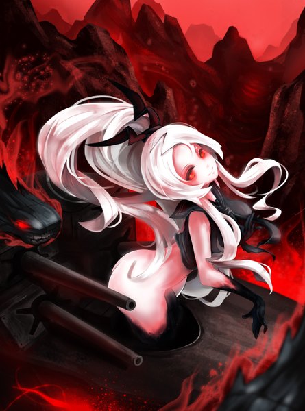 Anime picture 2551x3437 with kantai collection tagme (character) litsvn single long hair tall image looking at viewer highres light erotic red eyes standing ass white hair ponytail head tilt looking back light smile wind teeth no panties