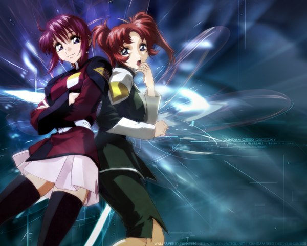 Anime picture 1280x1024 with mobile suit gundam gundam seed destiny sunrise (studio) lunamaria hawke meyrin hawke ningen (nattoli) looking at viewer short hair open mouth twintails multiple girls pink hair ahoge red hair wallpaper short twintails crossed arms girl thighhighs uniform