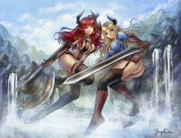 Anime picture 1360x1040 with daphne zhang long hair blue eyes light erotic blonde hair multiple girls green eyes cleavage ass red hair looking back horn (horns) pointy ears demon girl girl thighhighs gloves weapon black thighhighs 2 girls