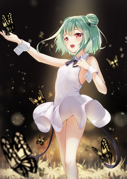 Anime picture 723x1023 with virtual youtuber hololive uruha rushia yan (nicknikg) single tall image short hair open mouth red eyes standing looking away :d green hair hair bun (hair buns) sleeveless outstretched arm girl dress flower (flowers) white dress