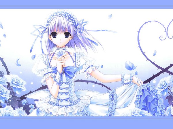 Anime picture 1024x768 with chronicle-suzuhira hiro artworks suzuhira hiro single looking at viewer fringe short hair blue eyes standing holding purple hair parted lips wind puffy sleeves gradient background frilled dress lolita fashion girl dress flower (flowers) bow