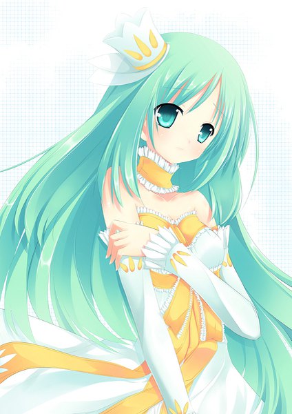 Anime picture 849x1200 with original lilks single long hair tall image simple background standing payot looking away head tilt aqua eyes wind aqua hair holding arm girl dress ribbon (ribbons) detached sleeves detached collar crown