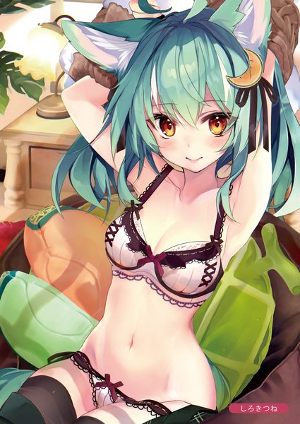 Anime picture 1433x2024 with melonbooks shirokitsune single long hair tall image looking at viewer blush fringe breasts light erotic smile hair between eyes sitting brown eyes signed animal ears cleavage ahoge indoors tail