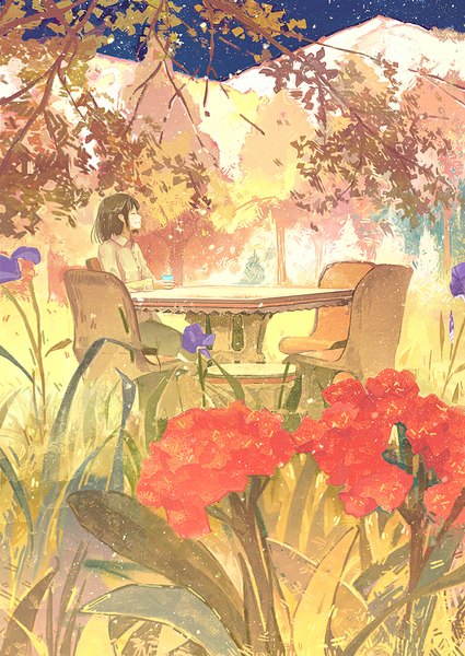 Anime picture 708x1000 with original gemi single tall image fringe short hair smile holding green hair mountain steam girl flower (flowers) plant (plants) shirt tree (trees) chair table cap