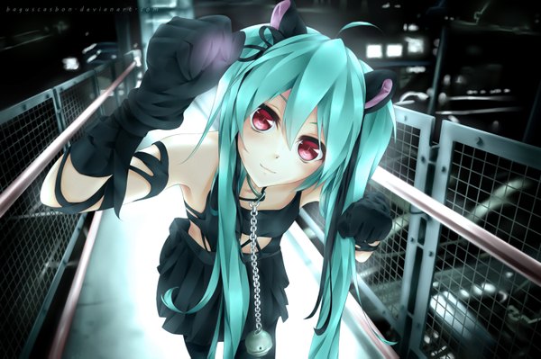 イラスト 1500x999 と ボーカロイド 初音ミク dmith (baguscasbon) ソロ 長髪 赤面 笑顔 赤い目 ツインテール 獣耳 アホ毛 pleated skirt aqua hair fake animal ears photo background 女の子 スカート 手袋 リボン ヘアリボン