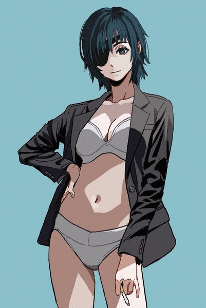 Anime picture 777x1162 with chainsaw man mappa himeno (chainsaw man) shiren (ourboy83) single tall image short hair breasts light erotic simple background standing black eyes hand on hip blue background dark hair girl navel underwear panties lingerie