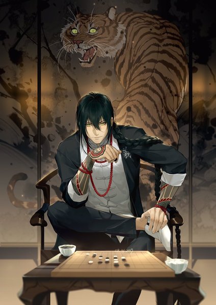 Anime picture 724x1024 with fate (series) fate/grand order yan qing (fate) rrr (reason) single tall image looking at viewer fringe black hair hair between eyes sitting green eyes very long hair traditional clothes tattoo dated chinese clothes animal print tiger print go