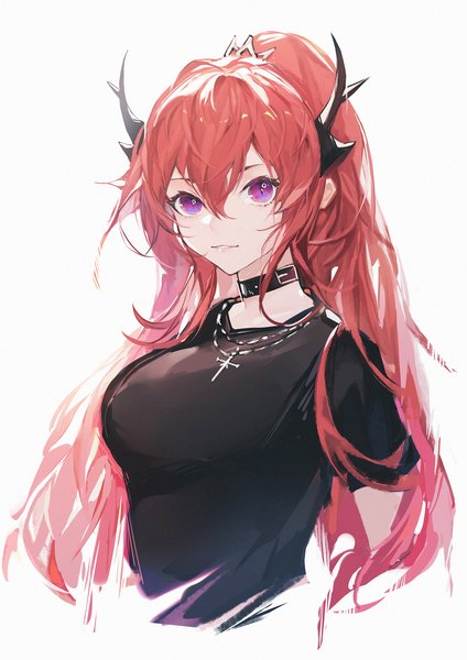 Anime picture 1500x2122 with arknights surtr (arknights) surtr (liberte echec) (arknights) fanshu single long hair tall image looking at viewer fringe breasts simple background hair between eyes white background upper body ponytail parted lips horn (horns) short sleeves official alternate costume girl