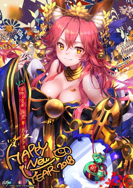 Anime picture 2480x3508 with fate (series) fate/grand order fate/extra tamamo (fate) (all) tamamo no mae (fate) kyjsogom single long hair tall image looking at viewer blush fringe highres breasts light erotic smile hair between eyes large breasts bare shoulders signed