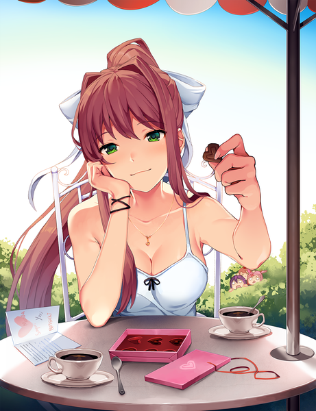 Anime picture 1280x1666 with doki doki literature club monika (doki doki literature club) yuri (doki doki literature club) natsuki (doki doki literature club) sayori (doki doki literature club) satchely single long hair tall image looking at viewer blush short hair breasts open mouth brown hair large breasts green eyes payot cleavage ponytail