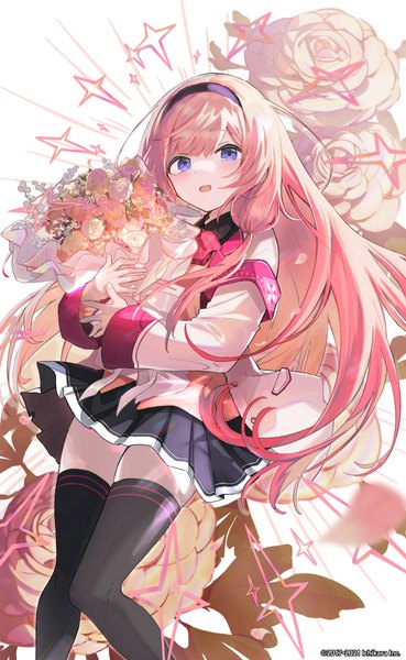 Anime picture 737x1199 with virtual youtuber nijisanji suou sango hayama eishi single long hair tall image open mouth blue eyes pink hair :d pleated skirt from below floral background girl thighhighs skirt uniform flower (flowers) black thighhighs