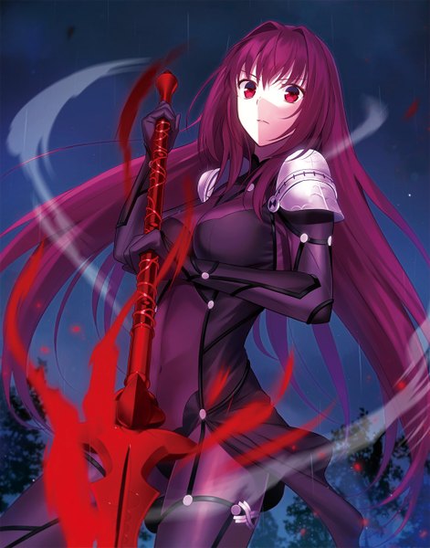 Anime picture 1100x1400 with fate (series) fate/grand order type-moon scathach (fate) (all) scathach (fate) fuyuki (neigedhiver) single long hair tall image looking at viewer fringe red eyes standing holding pink hair night from below night sky glowing girl