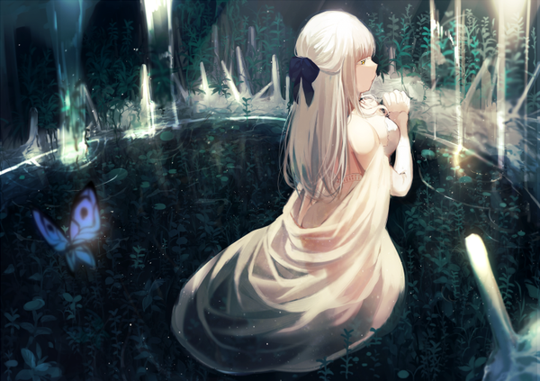 Anime picture 800x565 with original achiki single long hair fringe breasts large breasts standing bare shoulders yellow eyes looking away white hair from above half updo waterfall girl dress ribbon (ribbons) plant (plants) hair ribbon