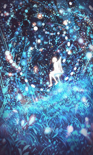 Anime picture 750x1250 with original bounin single tall image short hair sitting ahoge white hair sparkle white skin girl plant (plants) grass chair