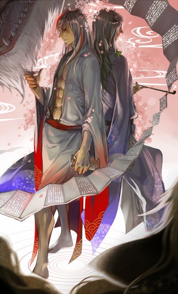 Anime picture 900x1486 with natsume yuujinchou brains base (studio) madara (nyanko-sensei) misuzu kiyoshi shin long hair tall image looking at viewer simple background animal ears white hair traditional clothes japanese clothes bare belly pink background boy flower (flowers) kimono alcohol paper