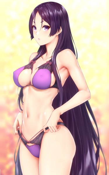 Anime picture 624x1000 with fate (series) fate/grand order minamoto no raikou (fate) zucchini single tall image looking at viewer fringe breasts light erotic simple background hair between eyes standing purple eyes bare shoulders cleavage purple hair very long hair parted lips blurry