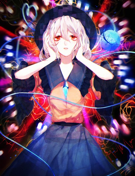 Anime picture 1000x1300 with touhou komeiji koishi tian (my dear) single tall image looking at viewer short hair red eyes white hair hands on head alternate eye color girl hat crystal eyeball