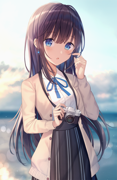 Anime picture 714x1100 with original kawami nami single long hair tall image looking at viewer blush fringe breasts open mouth blue eyes brown hair standing holding payot sky cloud (clouds) outdoors blurry open clothes