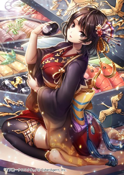 Anime picture 600x849 with original kempin single tall image short hair black hair traditional clothes japanese clothes black eyes girl thighhighs hair ornament black thighhighs food kimono