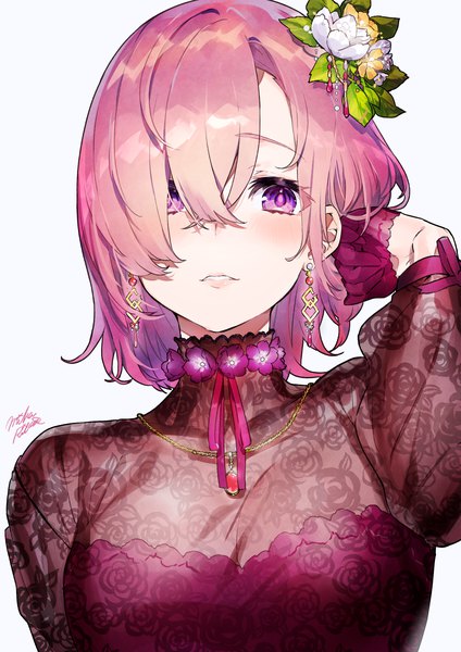 Anime-Bild 1202x1700 mit fate (series) fate/grand order mash kyrielight mika pikazo single tall image looking at viewer blush fringe short hair breasts simple background white background purple eyes signed payot pink hair cleavage upper body arm up