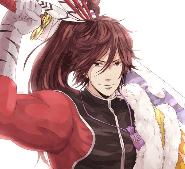 Anime picture 1101x1008 with sengoku basara production i.g maeda keiji single long hair simple background brown hair white background brown eyes ponytail boy gloves weapon sword feather (feathers)