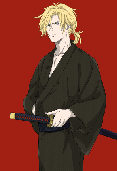 Anime picture 596x867 with banana fish mappa ash lynx sawa nya single tall image fringe short hair blonde hair simple background hair between eyes standing green eyes looking away traditional clothes japanese clothes wide sleeves low ponytail red background serious