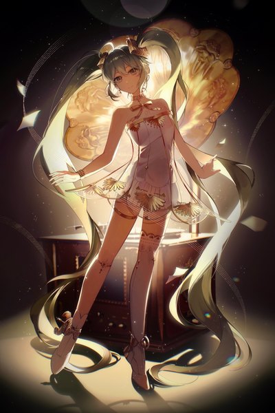 Anime picture 3335x5000 with vocaloid miku symphony (vocaloid) hatsune miku gramophone miku kanvien single tall image fringe highres hair between eyes twintails absurdres full body very long hair green hair shadow girl dress strapless dress phonograph
